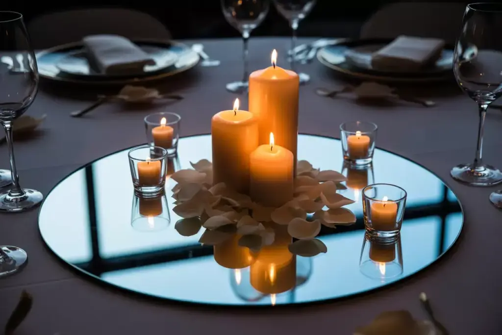 Round mirror with varied pillar candles and scattered rose petals