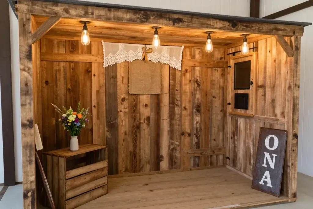 Rustic Barn Wood Booth Mason Jar Lights Burlap Props