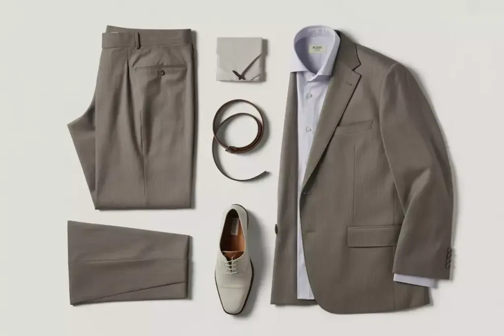 Tropical wool trousers blazer shirt flat lay studio product shot