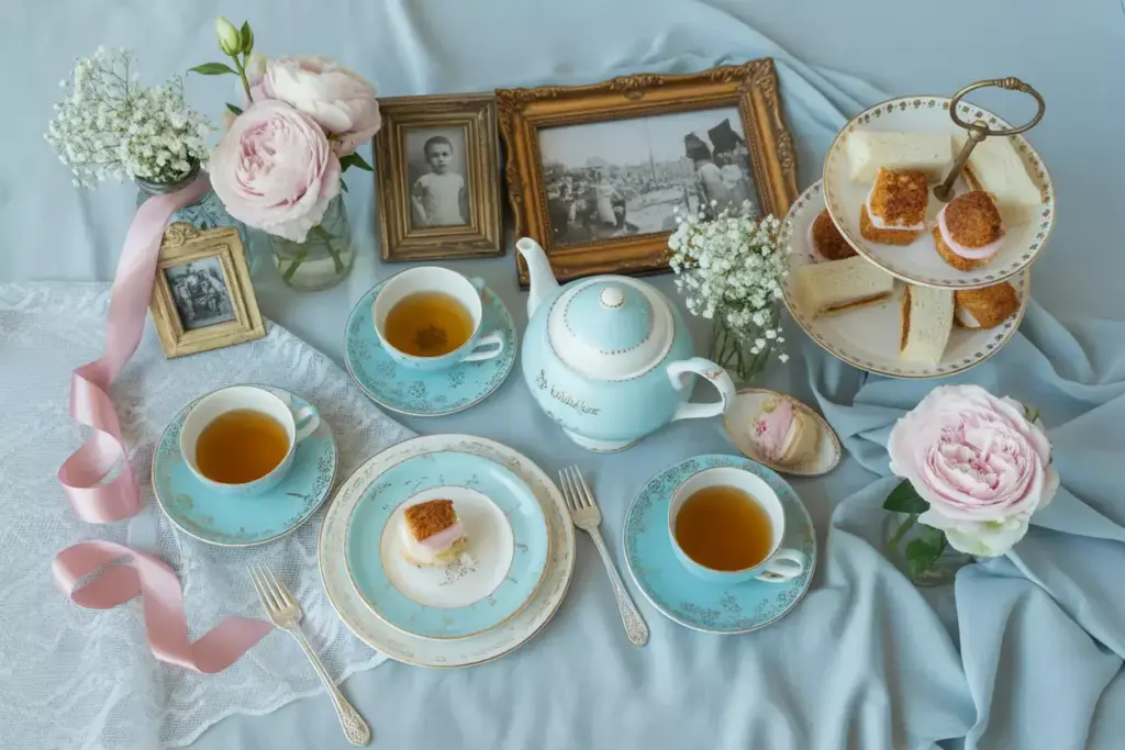 Vintage powder blue tea party flat lay with peonies