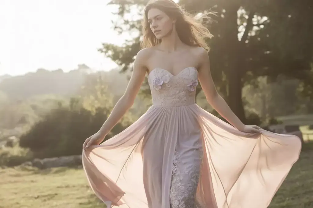 Flowing chiffon dress with floral lace and sweetheart neckline