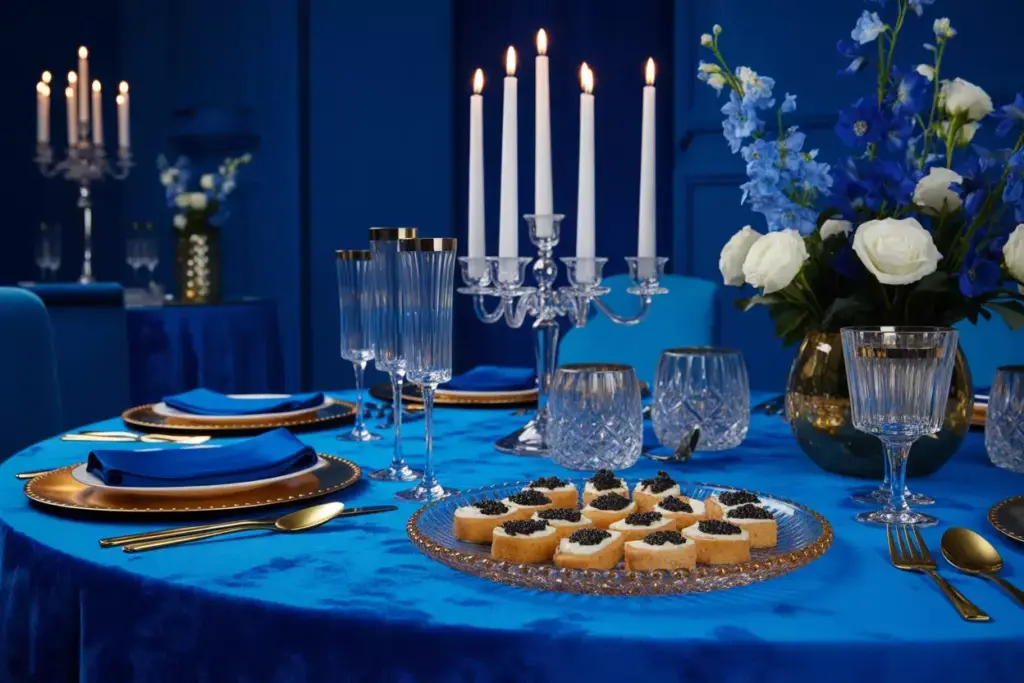 Opulent royal blue gold table with crystal candelabra