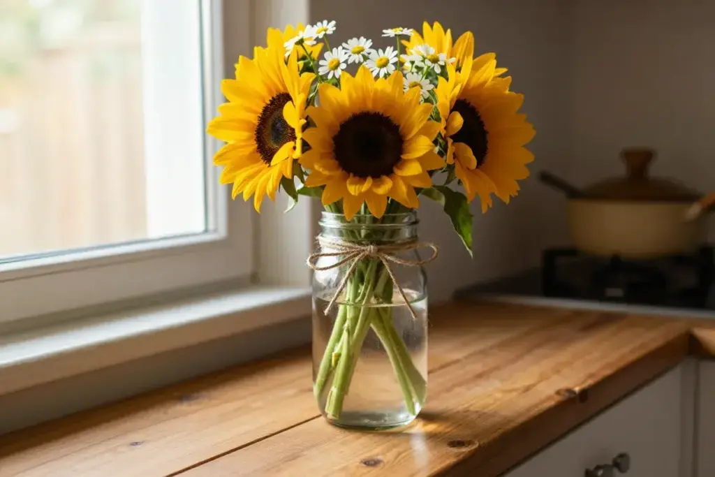 Small mason jar with sunflowers daisies on wooden windowsill