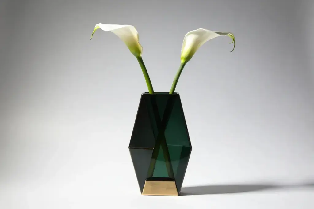 Geometric art deco vase with white calla lilies modern