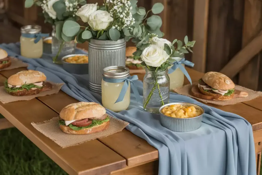 Rustic dusty blue wooden table with mason jars and eucalyptus