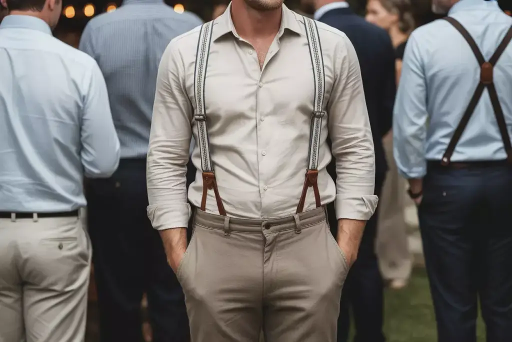 Suspenders lightweight shirt groom casual outdoor wedding cocktail hour