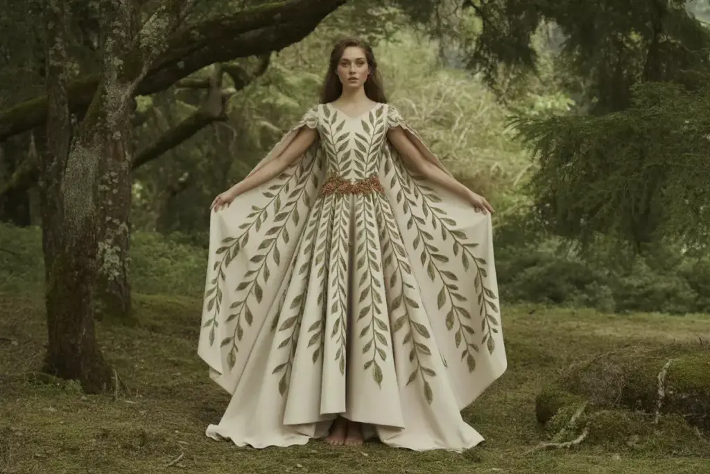Woodland fairy gown with cape sleeves and leaf lace
