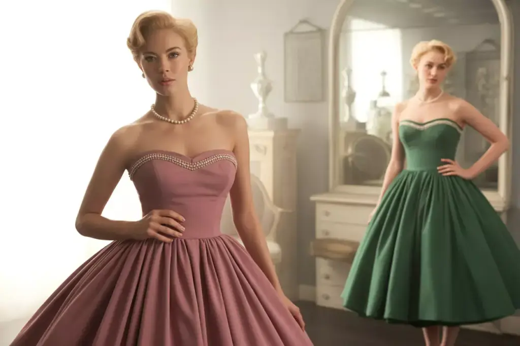 1950s inspired full skirt sweetheart dress with pearl embellishments