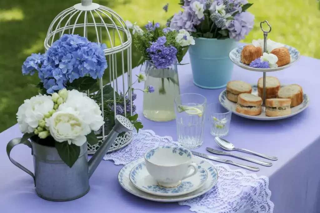Garden tea party with periwinkle lace hydrangeas and birdcage