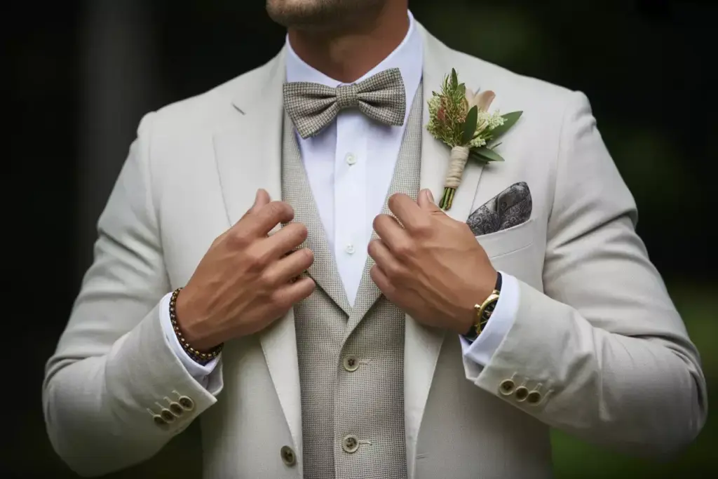Unstructured blazer bow tie boutonniere groom outdoor ceremony detail