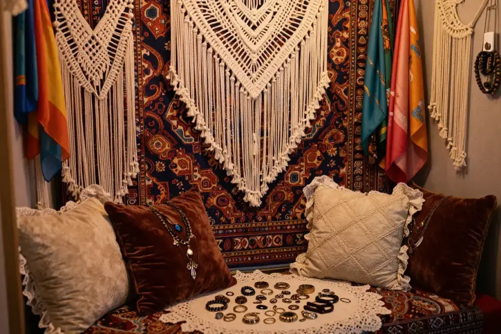 Bohemian Macrame Tapestry Backdrop Warm Lighting Eclectic Props