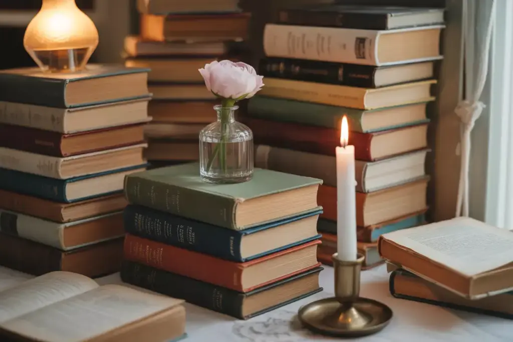 Stack of vintage hardcover books topped with a single stem peony