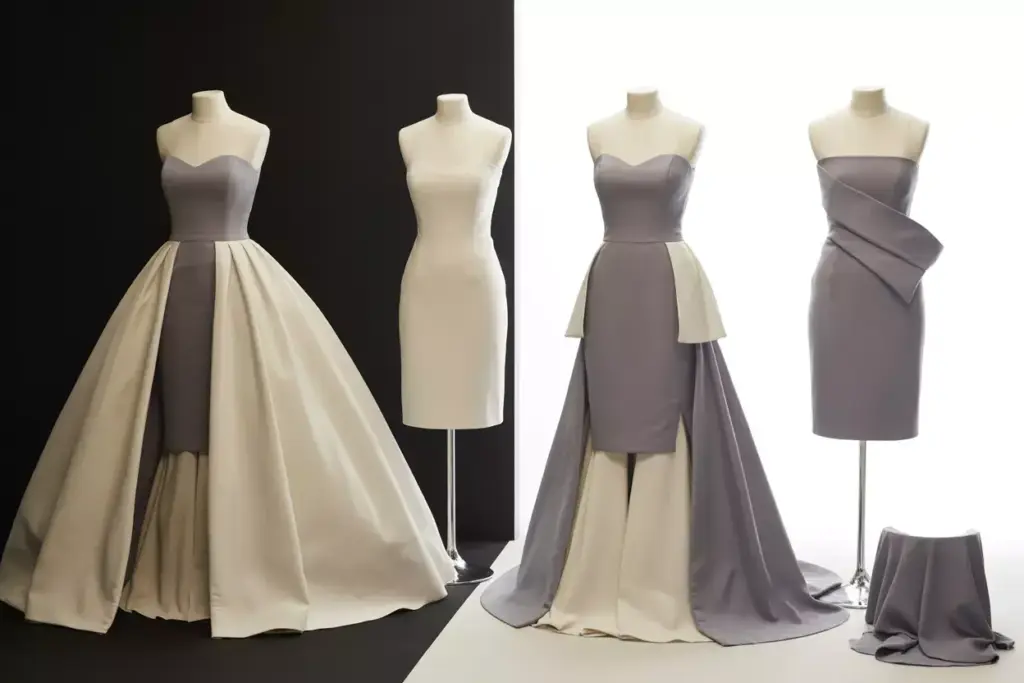 Strapless sweetheart sheath with detachable overskirt for transformation