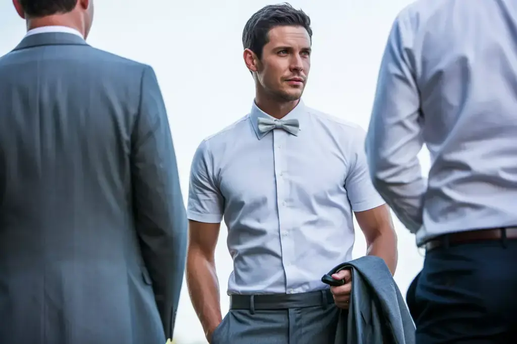 Tailored short sleeve dress shirt bow tie groom outdoor reception