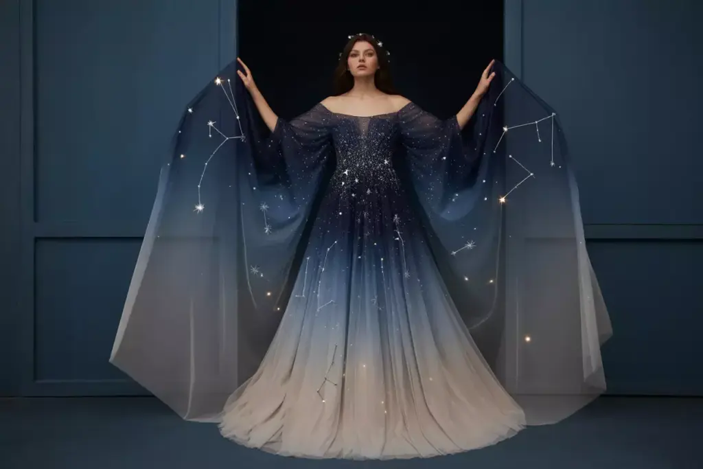 Celestial gown with constellation beading and ombre tulle