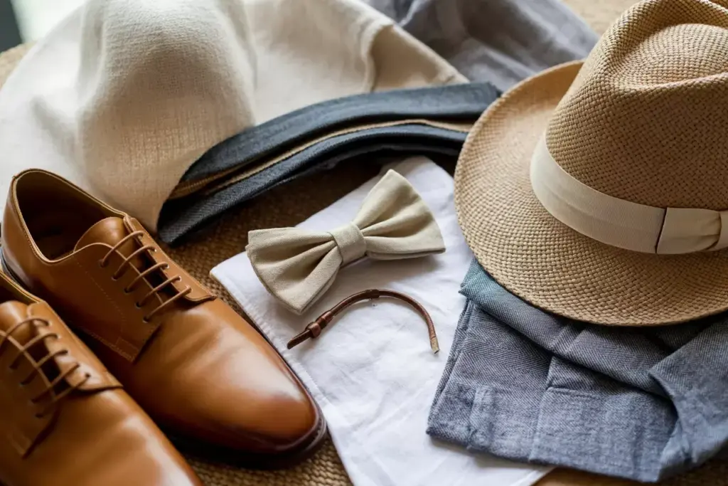 Panama hat linen bow tie breathable shoes summer wedding accessories flat lay