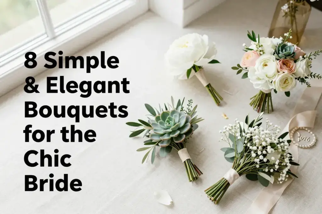 Flat lay assortment modern bridal bouquets peony succulent greenery babys breath