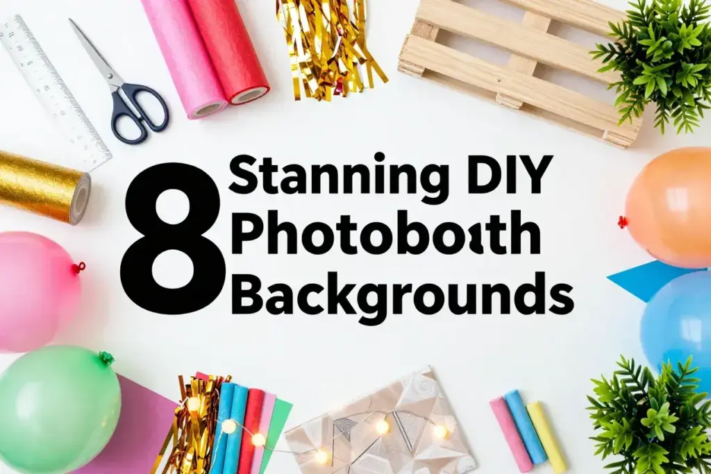 Flat lay of colorful diy photobooth craft materials on white background