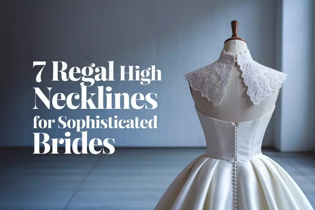 High neck wedding dress mannequin against neutral textured background