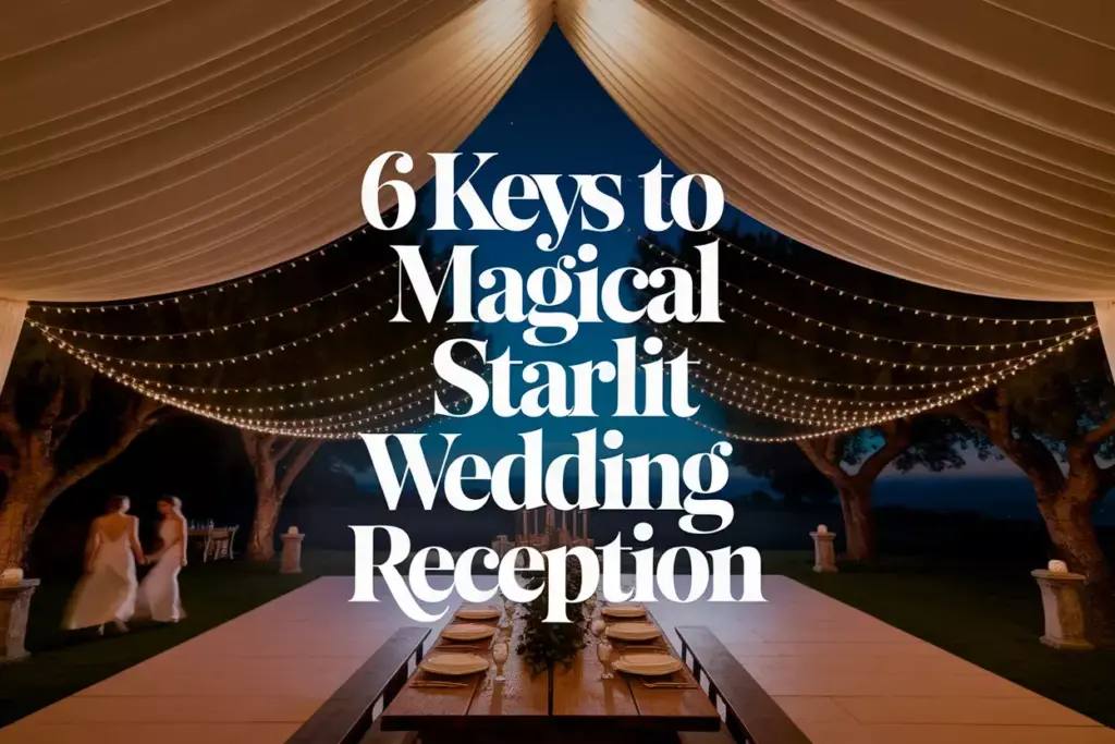 Open sided marquee with string lights under twilight sky at wedding