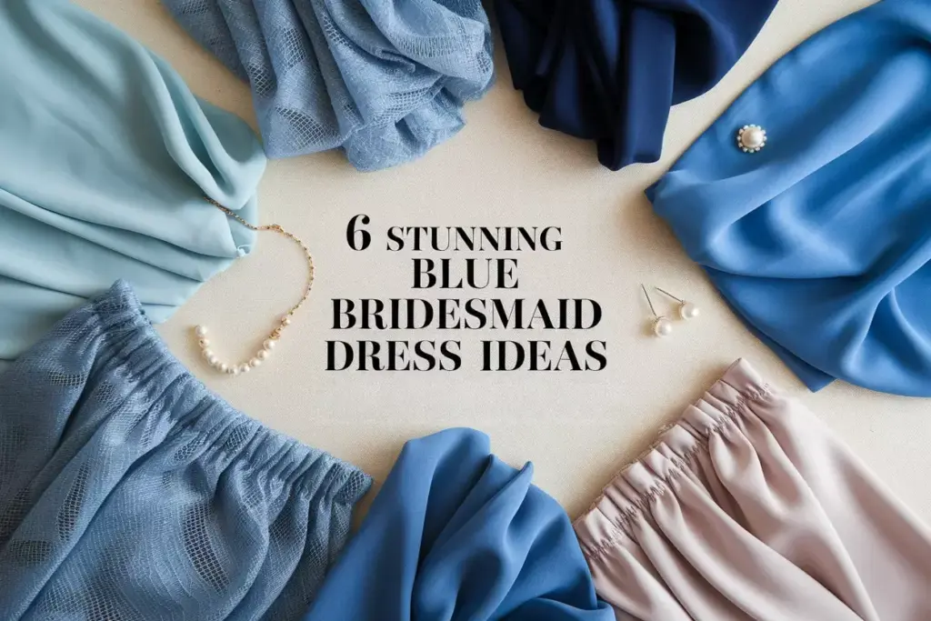 Styled flat lay six blue bridesmaid dress fabrics with pearl gold accessories