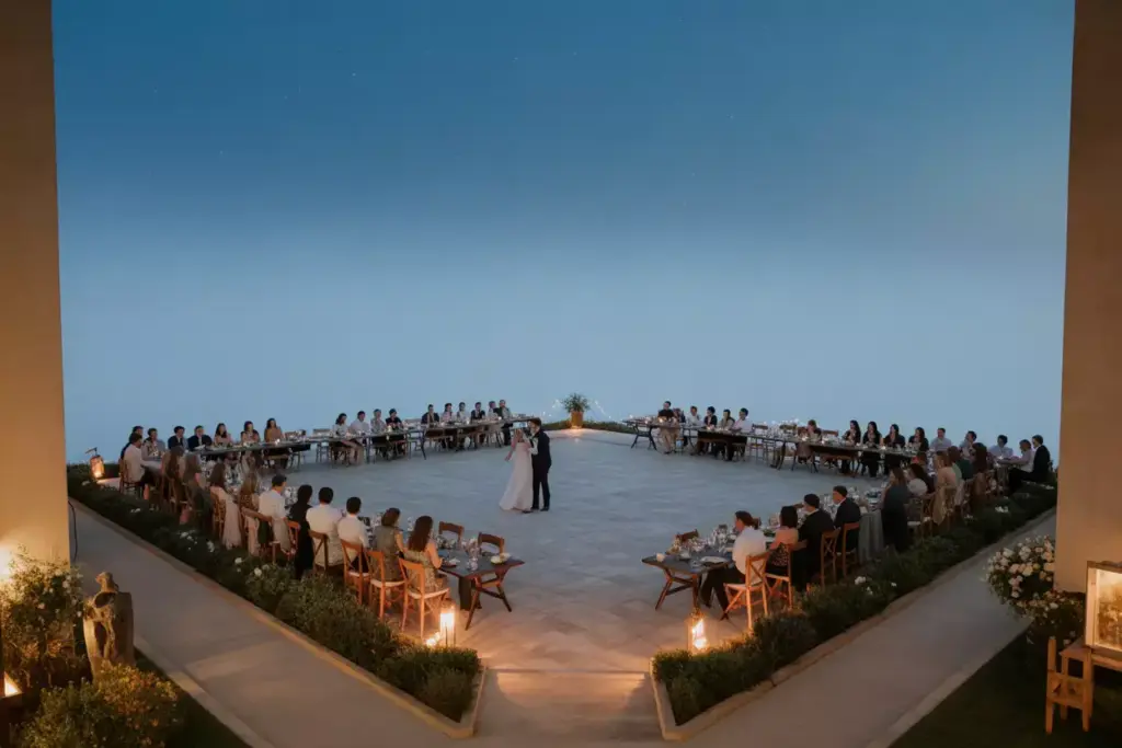 Outdoor courtyard dancefloor with uplighting and horseshoe seating under stars