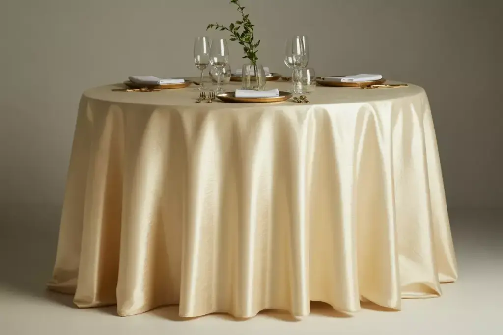 Overhead shot of ivory silk dupioni tablecloth on round banquet table
