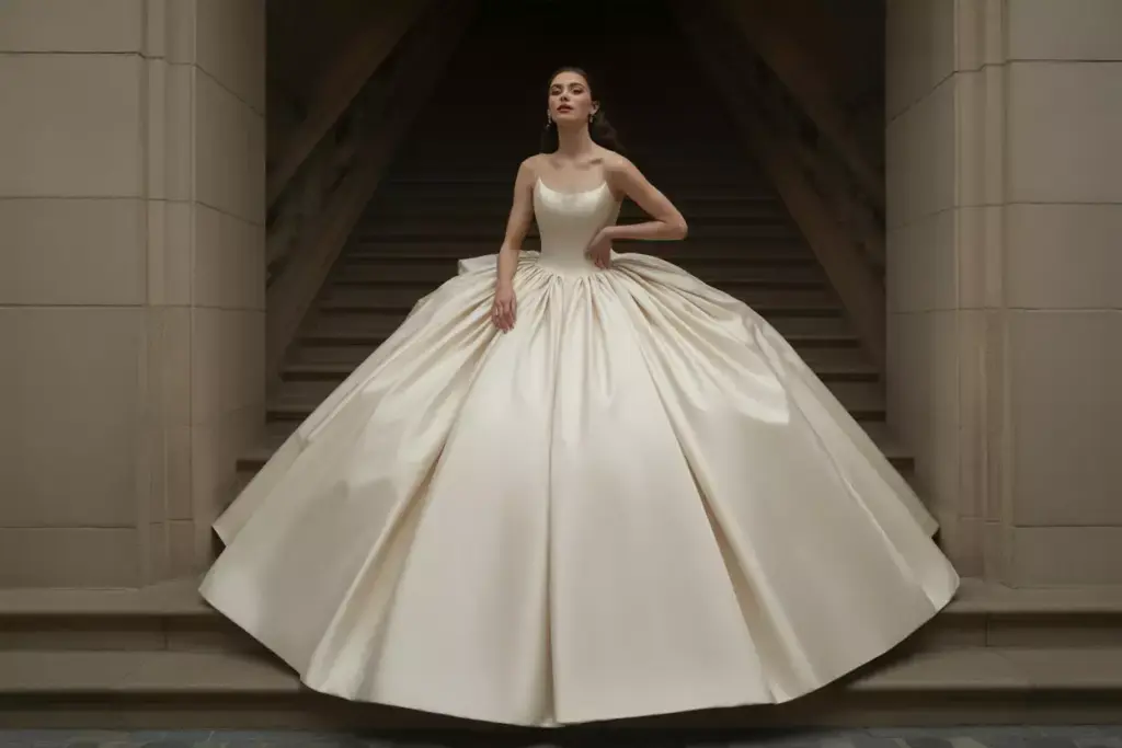 Ball gown wedding dress silk taffeta voluminous skirt regal