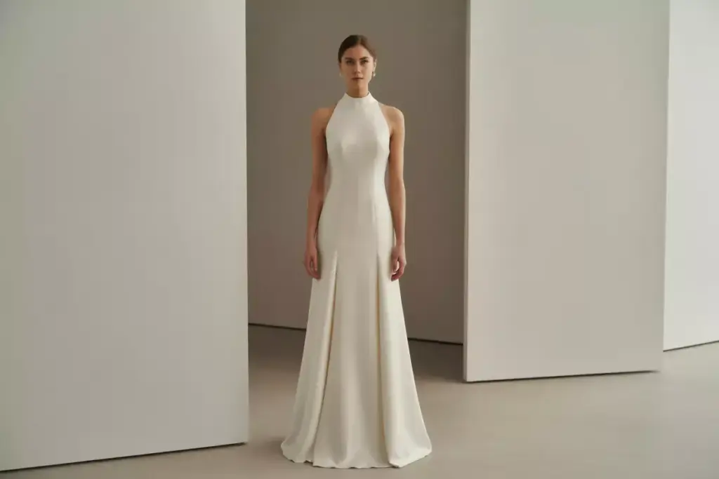 Sleek mock neck wedding dress minimalist crepe satin
