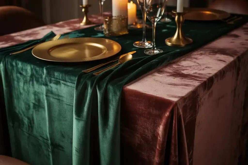 Close up of emerald velvet tablecloth with gold charger candlestick