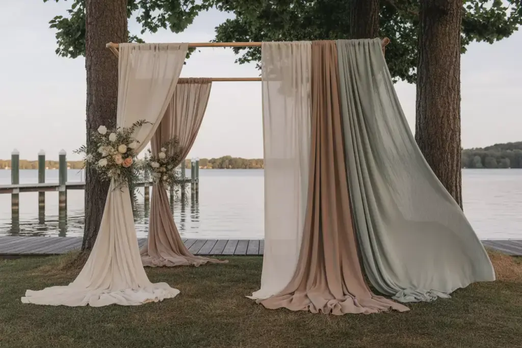 Flowing fabric drapes near lakeside for elegant outdoor wedding backdrop