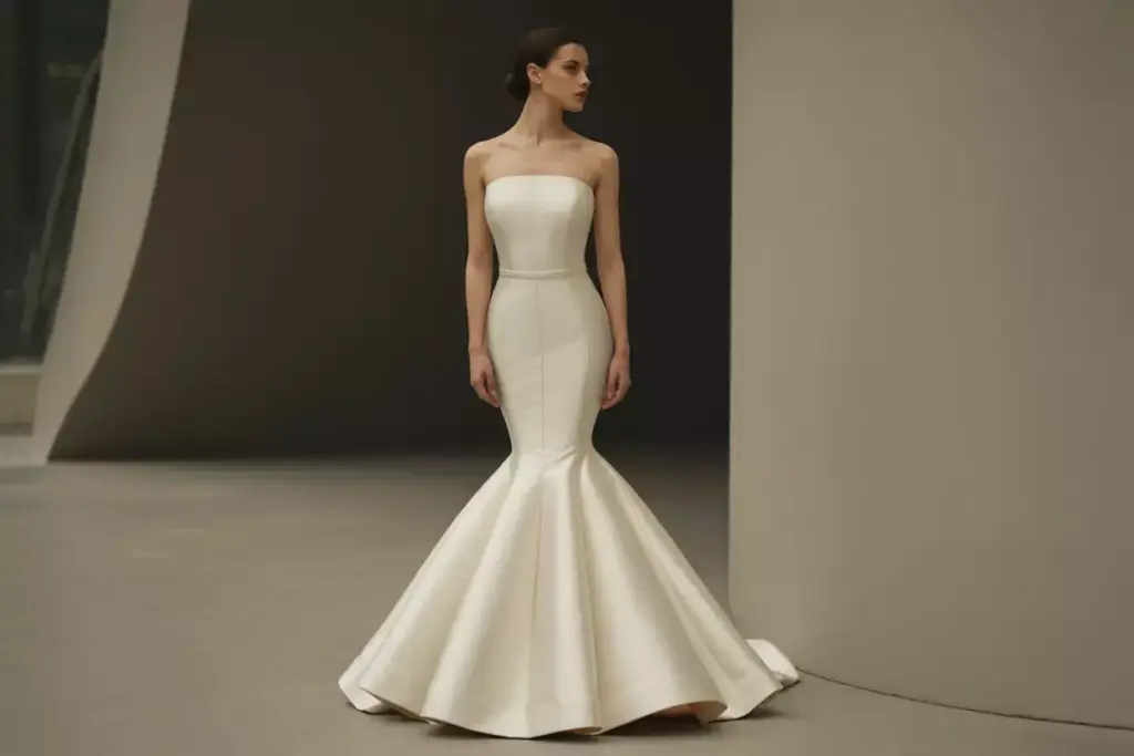 Mermaid wedding dress crepe sculpted silhouette dramatic train