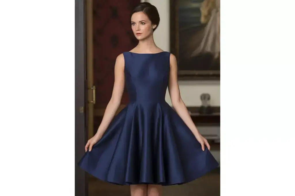 Navy blue fit and flare dress indoor elegant setting