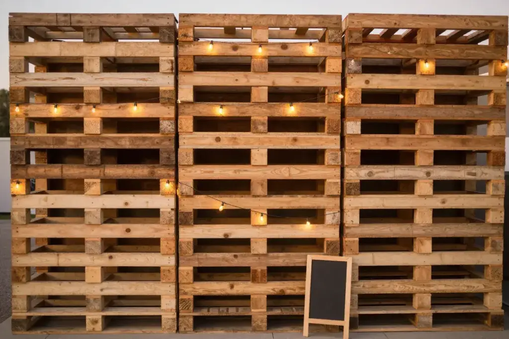 Vertical wooden pallets with woven string lights rustic backdrop