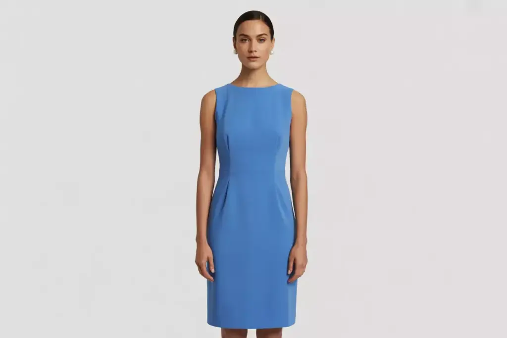 Cornflower blue sheath dress minimalist studio shot