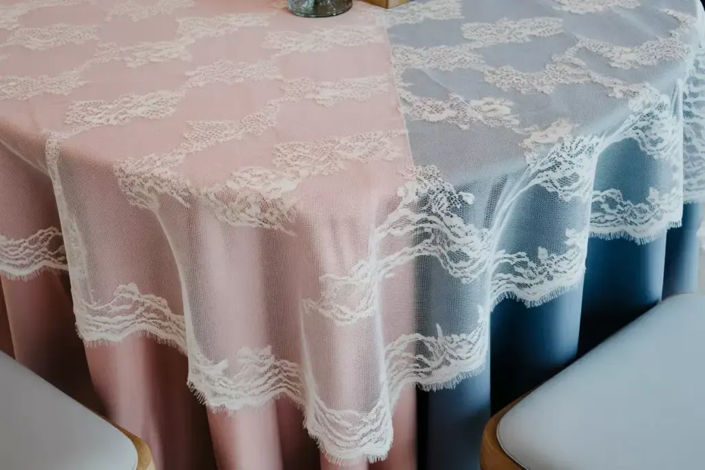 Overhead view of white lace overlay on dark base tablecloth