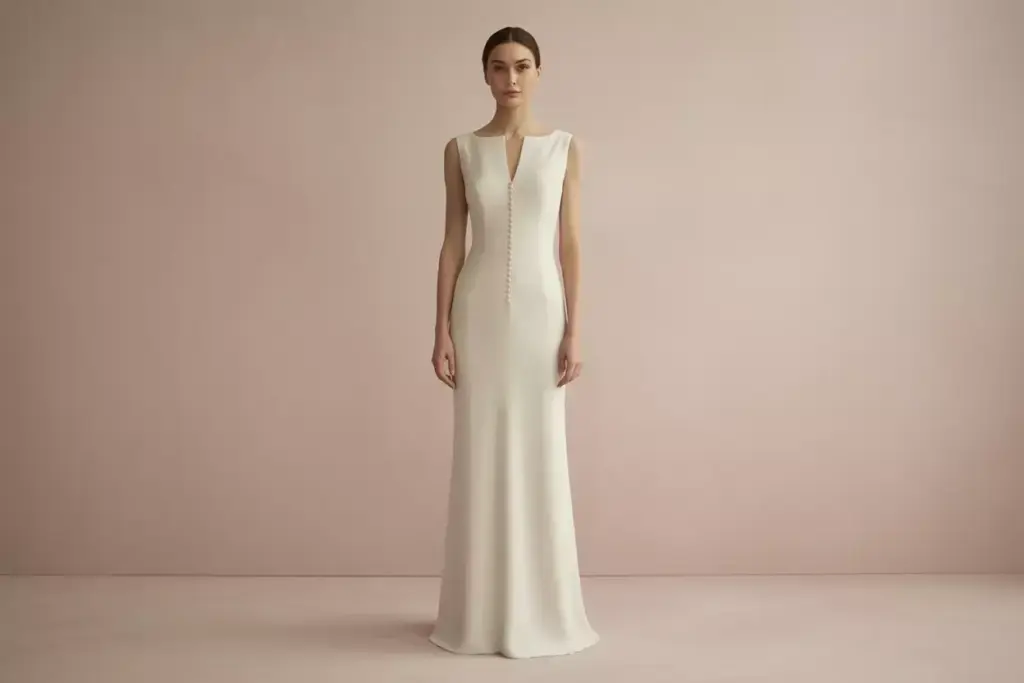 Sheath wedding dress silk crepe covered buttons minimalist elegance