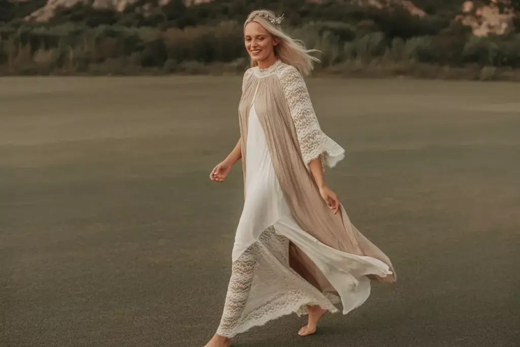 Bohemian high neck lace silk dress flowing natural setting