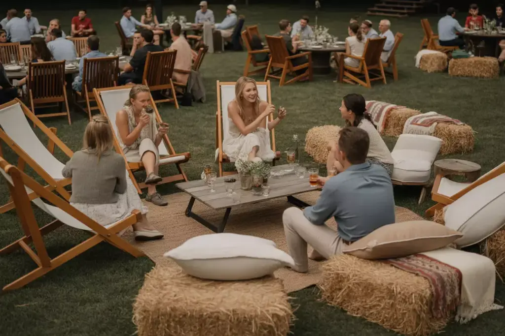 Mixed outdoor lounge with deck chairs hay bales and wooden bench