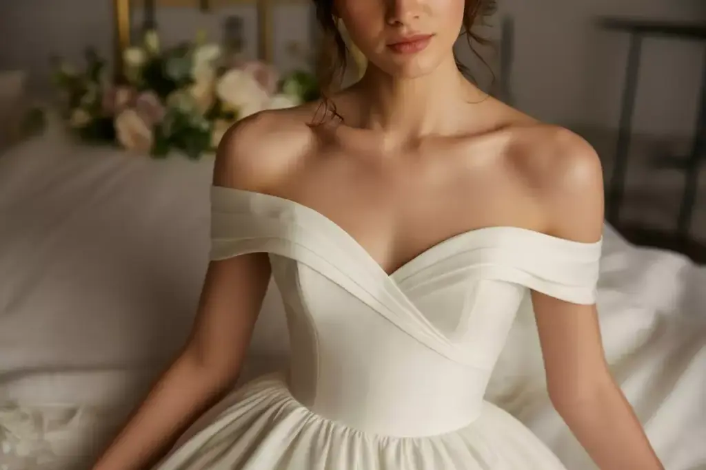 Off shoulder wedding dress chiffon skirt romantic neckline portrait
