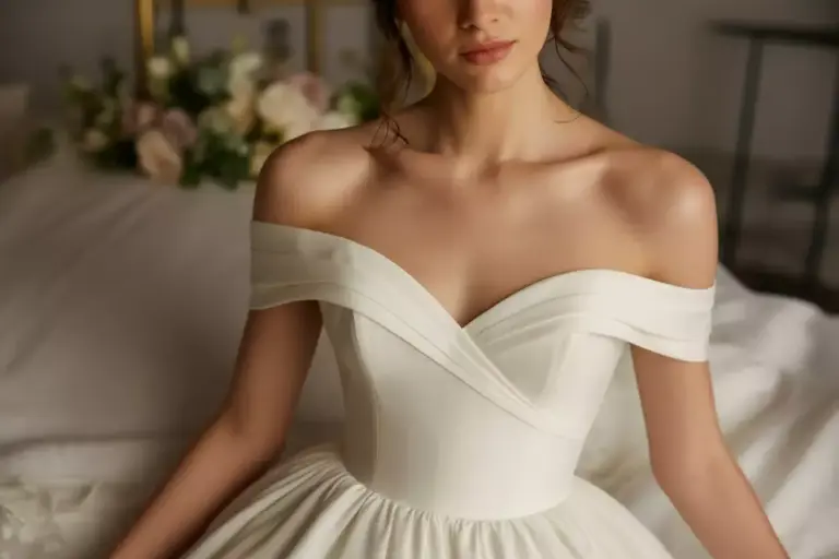 Off Shoulder Wedding Dress Chiffon Skirt Romantic Neckline Portrait