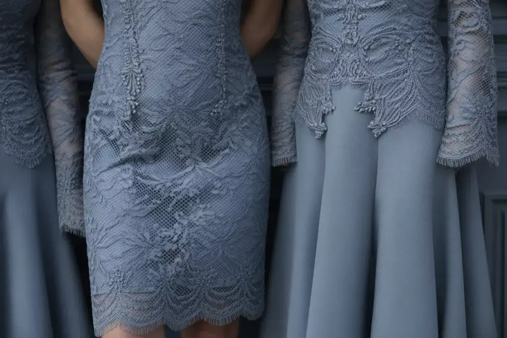 Steel blue lace cocktail dress texture detail shot