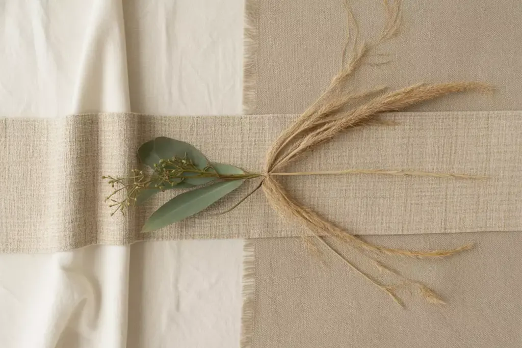 Textured neutral linen tablecloth with simple greenery centerpiece
