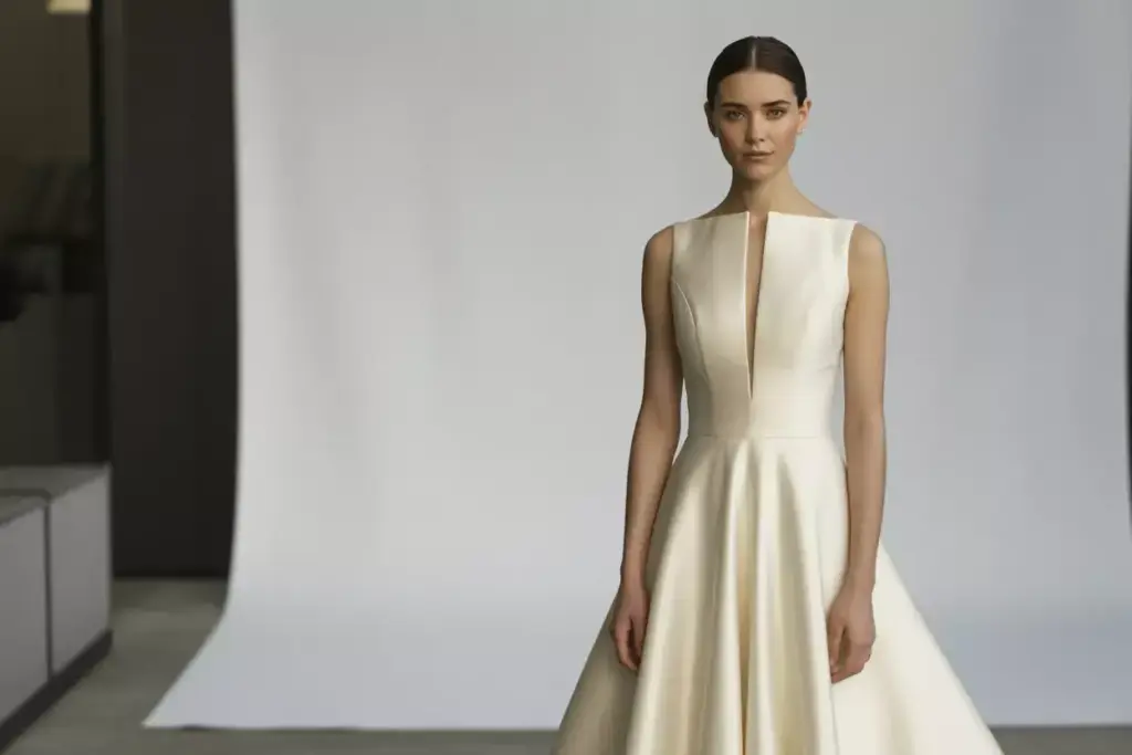 Contemporary silk crepe high neck dress architectural tailoring