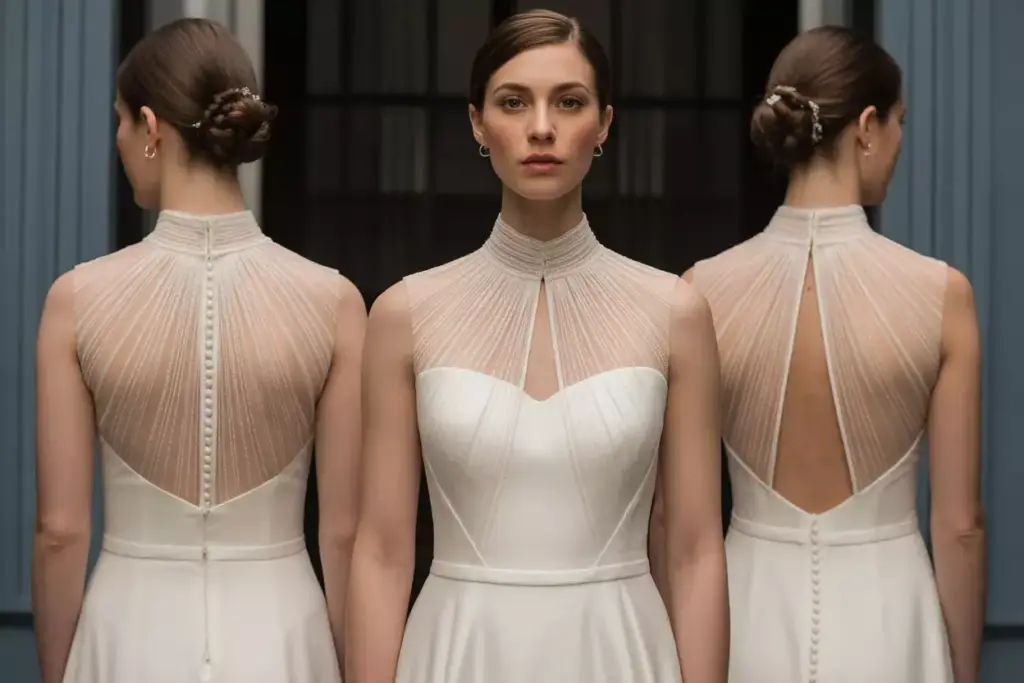 High neckline wedding dress illusion tulle dramatic back modest