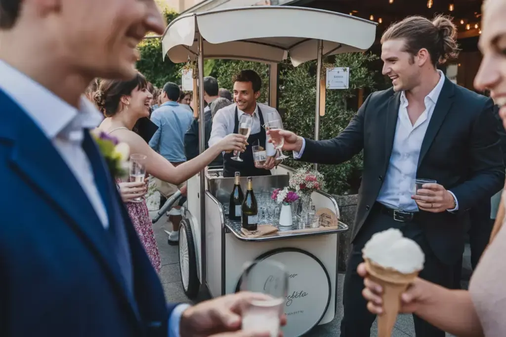 Mobile prosecco cart with bartender serving guests on garden terrace