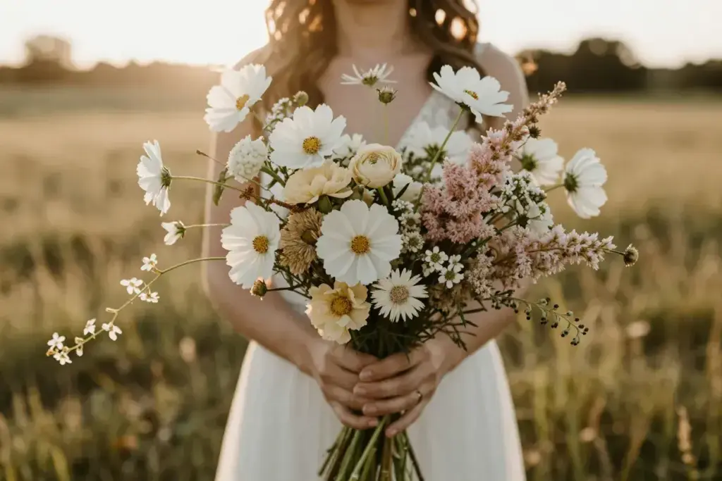 Golden hour wildflower bouquet with cosmos scabiosa astilbe