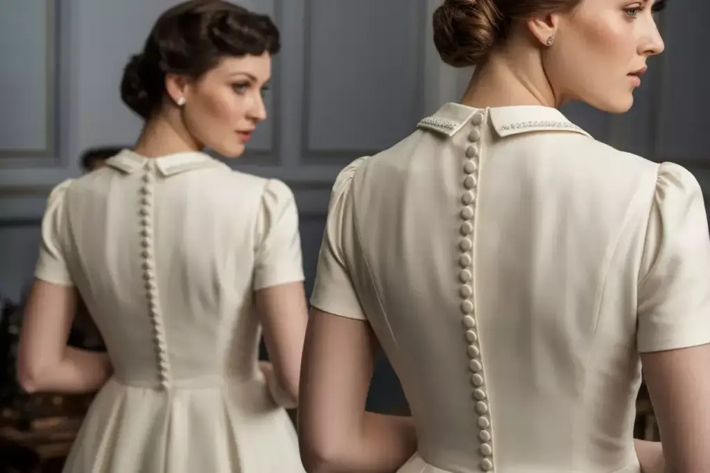 Vintage inspired high neck wedding dress button back detail