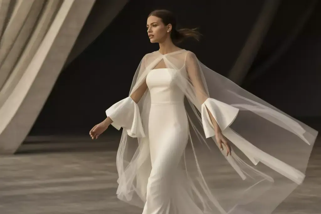 Wedding dress detachable cape bell sleeves dramatic movement