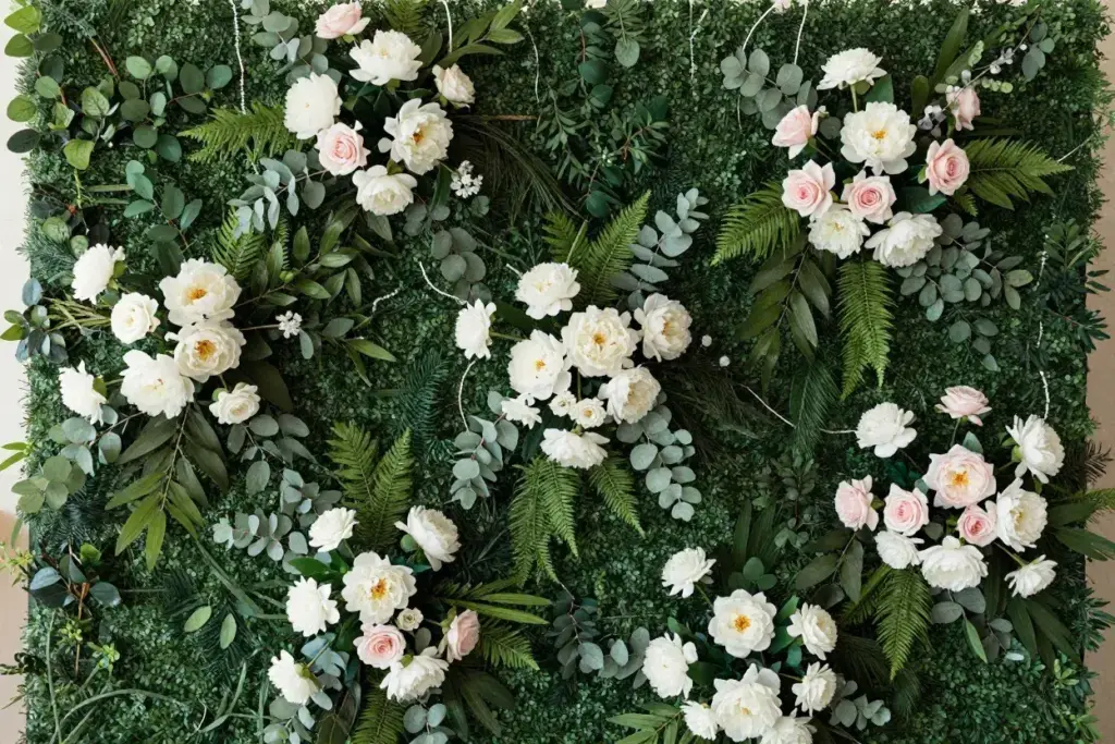 Lush backdrop of artificial greenery and clusters of seasonal flowers